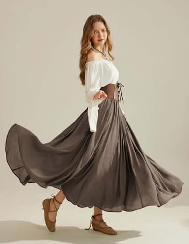 Scarlet Darkness Women Renaissance Long Maxi Skirt High Waist Flowy A Line Skirts Brown S - Image 7