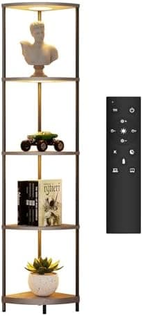 Corner Shelf with RGBCW LED Light, 64.5” Tall Floor Lamp Narrow Bookshelf Organizer, Standing Shelves with Metal Pole, Display Storage Rack for Wall Corner, Living Room, Bedroom, Office Décor, Grey - Image 7