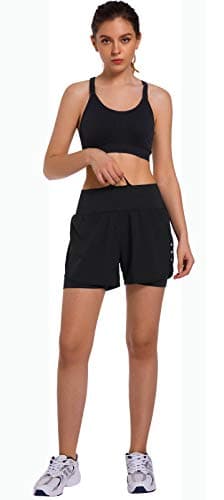 Ksmien Women's 2 in 1 Running Shorts - Lightweight Athletic Workout Gym Yoga Shorts Liner with Phone Pockets Black - Image 3