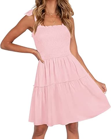 ZESICA Women's 2025 Summer Spaghetti Strap Sleeveless Square Neck Ruffle A Line Swing Mini Dress,Pink,Large - Image 1
