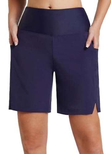 baleaf Womens Board Shorts Long 7" High Waisted Quick Dry Swim Knee Length Beach Shorts for Women Swimsuits Bottoms Dark Blue L - Image 1