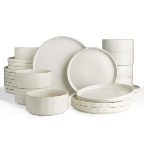 Famiware Star Plates and Bowls Sets, Modern Stoneware Dinnerware Sets for 8, 24-Piece Kitchen Dish Sets - Microwave and Dishwasher Safe, Chip and Scratch Resistant, Matte White - Image 1