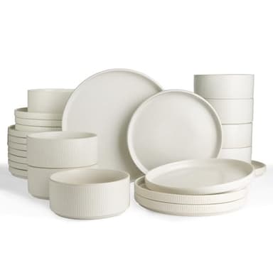 Famiware Star Plates and Bowls Sets, Modern Stoneware Dinnerware Sets for 8, 24-Piece Kitchen Dish Sets - Microwave and Dishwasher Safe, Chip and Scratch Resistant, Matte White - Image 1
