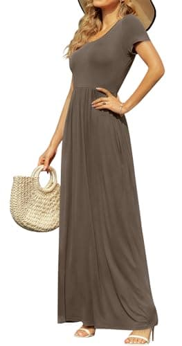 DB MOON Womens 2025 Casual Summer Maxi Dresses Short Sleeve Empire Waist Spring Long Dress with Pockets(Brown, L) - Image 3