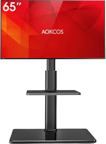 AOKCOS Floor TV Stand with 60-Degree Swivel, TV Floor Stand for 32-65 inch TVs up to 88lbs with Tilt, 8 Level Height Adjustable Tall TV Mount Stand with Shelf, Tempered Glass Base, MAX VESA 400x400mm - Image 1