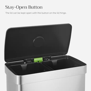 SONGMICS Kitchen Trash Can, 16 Gallon (2 x 8 Gallon) Dual Compartment Garbage Can, 60L Pedal Recycling Bin, Stays Open and Soft Close, Stainless Steel, 15 Bags Included, Metallic Silver ULTB202E01 - Image 8