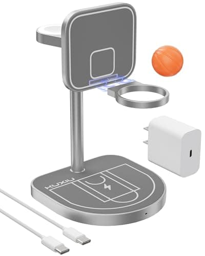 3-Point Power 3 in 1 Charging Station for Apple, KU XIU X85 Aluminum Alloy Magnetic Wireless Charger Stand with Mini Basketball & Hoop for iPhone 16/15/14/13/12, 5W for Apple Watch, AirPods, Gray - Image 1