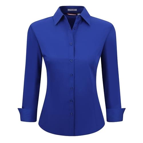 Womens Button Down Shirts Long Sleeve Regular Fit Basic Simple Stretch Work Blouse Royal Blue M - Image 1