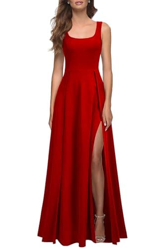 MUSHARE Women's Square Neck Sexy Split Cocktail Party Maxi Long Formal Dress Red - Image 1