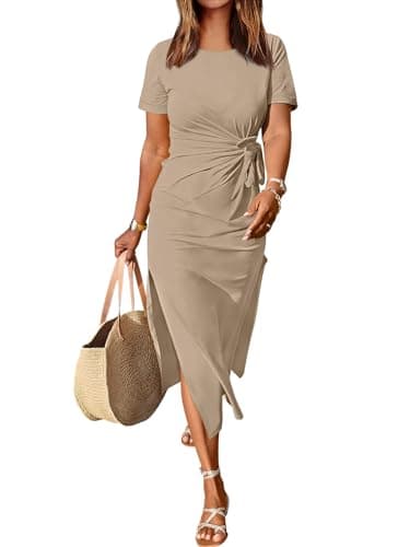 ANRABESS Women's 2025 Summer Maxi Tshirt Dress Short Sleeve Crewneck Tie Waist Casual Slim Fit Slit Spring Long Beach Dresses Khaki Medium - Image 1