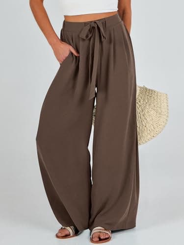 Caracilia Women Wide Leg Palazzo Pants Summer High Waist Flowy Casual Trousers Loose Lounge Beach Travel Vacation Clothes Brown Large - Image 2
