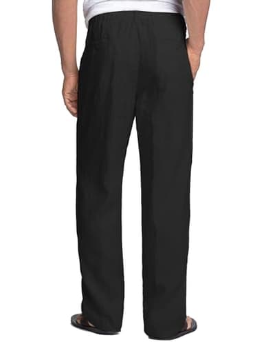 COOFANDY Men Casual Linen Pants Beach Summer Lightweight Pants Elastic Waist Drawstring Loose Trousers (Black, L) - Image 2