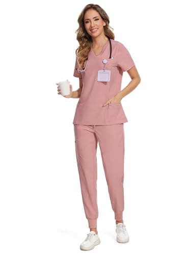 COZYFIT Women's Scrubs Set - Stretch V-Neck Top & Jogger Pant with 8 Pockets, Yoga Waistband, Anti Wrinkle, Slim Fit - Pink, S - Image 7