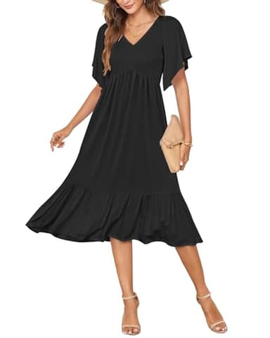 AUSELILY Women's Summer Empire Waist Dress Smocked Flutter Short Sleeve V Neck Midi Dresses 2025 New Black 2XL - Image 1