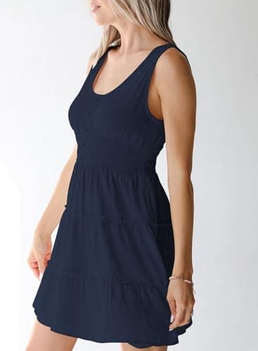 Dokotoo Resort Wear for Women 2025 Sun Vacation Dresses Summer Sleeveless Button Down Smocked Waist Ruffle Tiered Casual Swing Mini Dress for Women Beach Party Cover up Dress Sundresses Blue Medium - Image 3