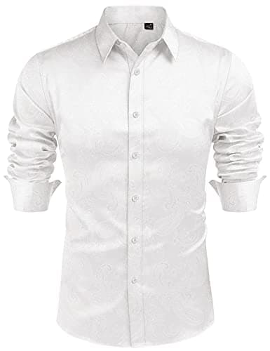 J.VER Men's Silk Satin Long Sleeve Dress Shirts Casual Button Down Paisley Shirt Luxury Party Shirts White S - Image 1