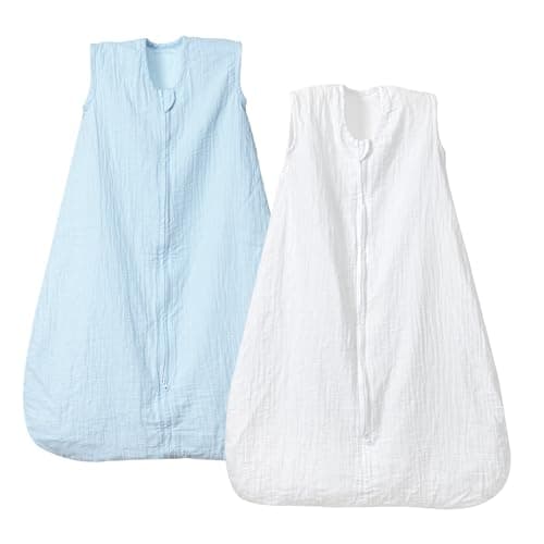 PHF 100% Muslin Cotton Baby Sleep Sacks, 6-12 Months Sleep Sack with 2-Way Zipper, 2 Pack Cooling Unisex 0.5 TOG Breathable Medium Size Sleeveless Baby Wearable Blanket, White & Blue - Image 1
