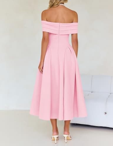 ZESICA Cocktail Dresses for Women's Elegant Off Shoulder Short Sleeve Swing A Line Wedding Evening Party Midi Dress,Pink,Medium - Image 4