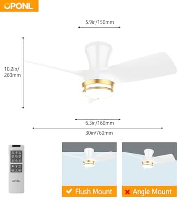 OPONL 30" White low profile Ceiling Fan with Light, with Gold Trim Ring, Large Air Volume, flush mount ceiling fan for Bedroom Kitchen Dining room Patio - Image 7