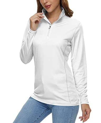 MAGCOMSEN Women's Long Sleeve Rash Guard - Half Zip, Quick Dry, Sun Protection, Athletic Fit, Hiking & Running Shirt, White - Image 1