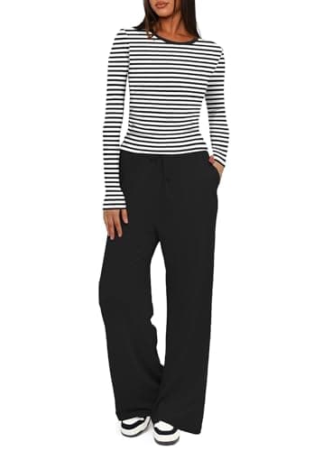 Darong Women's 2 Piece Sets Fall Outfits Long Sleeve Wide Leg Tracksuits Casual Sweat Sets Lounge Set 9065A Black Striped M - Image 1