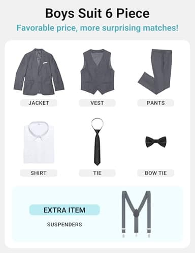 BOLADA Boys' Suit Dark Gray Slim fit Suits for Kids Formal Classic 6 Piece Big Boys Toddler Tuxedos Teen Youth Size 7 - Image 2