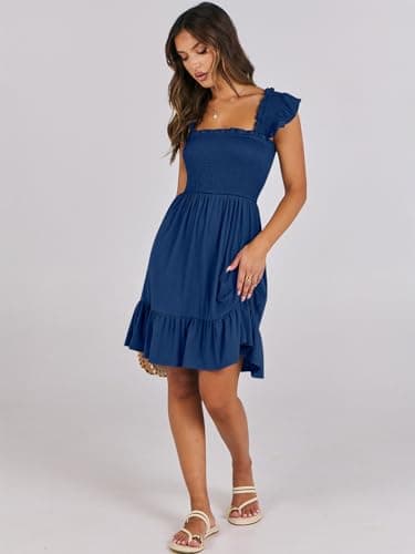 ANRABESS Women's Summer Casual Sleeveless Square Neck Dress 2025 Smocked Ruffle Backless Boho Beach Cute Teen Short Sundress Sea Blue Small - Image 7