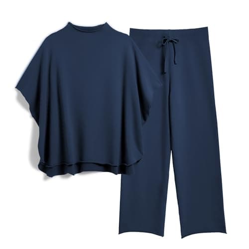 SeeLuNa Women's Two Piece Outfits 3/4 Batwing Sleeve Capelet Crew Neck Pullover Top Wide Leg Pants Lounge Set(Navy, L) - Image 1