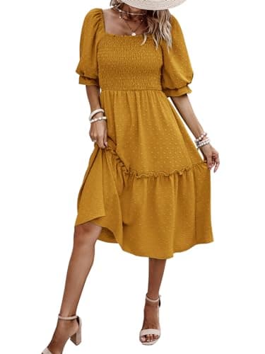 PRETTYGARDEN Women's Summer Casual Midi Dresses 2025 Spring Puff Sleeve Square Neck Smocked A-line Flowy Swiss Dot Beach Vacation Dress (Turmeric,S) - Image 1