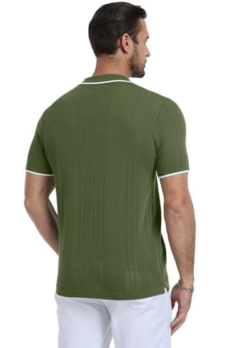 KUYIGO Men's Knit Hollow Out Polo Shirts Short Sleeve Button Collared Shirt Fashion Casual Summer Tops Army Green Small - Image 4