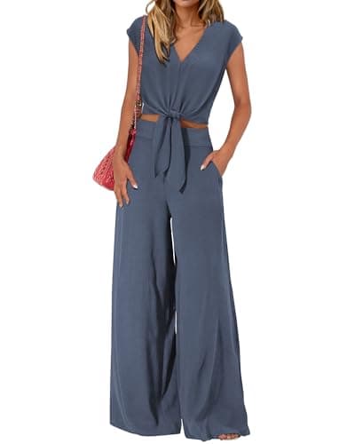PRETTYGARDEN Women's Summer 2 Piece Outfits 2025 Cap Sleeve V Neck Belted Crop Tops Wide Leg Pant Sets Casual Tracksuit(Solid Grey Blue,Small) - Image 1