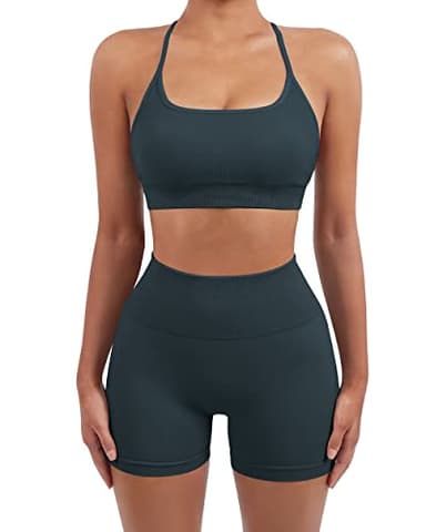 SUUKSESS Women Seamless 2 piece Workout Sets Strappy Padded Sports Bra Booty High Waisted Shorts Outfits (Deep Green,L) - Image 2