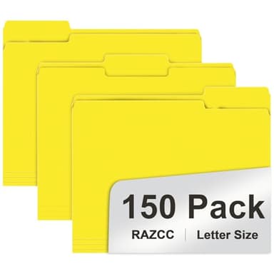 File Folder, RAZCC 150 Pack 1/3 Cut Tab File Folders Letter Size, Yellow, Folders with Tab, Great for Organizing and Easy File Storage - Image 1