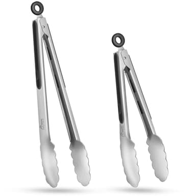 Hotec Stainless Steel Kitchen Tongs Set of 2 - 9" and 12", Locking Metal Food Tongs Non-Slip Grip - Image 1