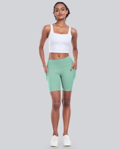 CHRLEISURE Womens Biker Yoga Shorts with Pockets: High Waisted Tummy Control Spandex Workout Athletic Gym Shorts 4 Packs(8'' Black,Blue,Green,Pink, M) - Image 3