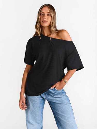 Trendy Queen Womens Off The Shoulder Tops Oversized T-Shirts Short Sleeve Tees Summer 2025 Casual Spring Fashion Clothes Black L - Image 2