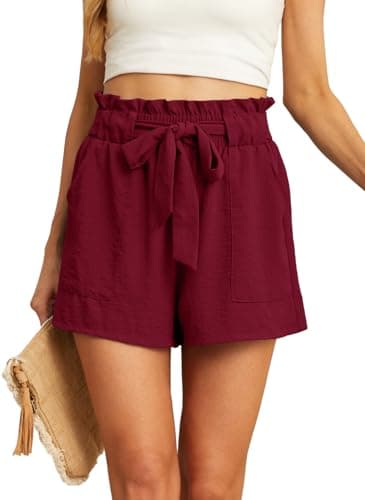 IWOLLENCE Womens Shorts with Pockets Summer Casual Shorts for Women Waist Casual Lightweight Adjustable Tie Knot Loose Wine Red Medium - Image 1