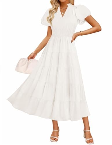 ZESICA Women's Summer Casual Maxi Dress 2025 Puff Short Sleeve V Neck Ruffle Tiered Flowy Boho Beach Dresses,White,Medium - Image 1