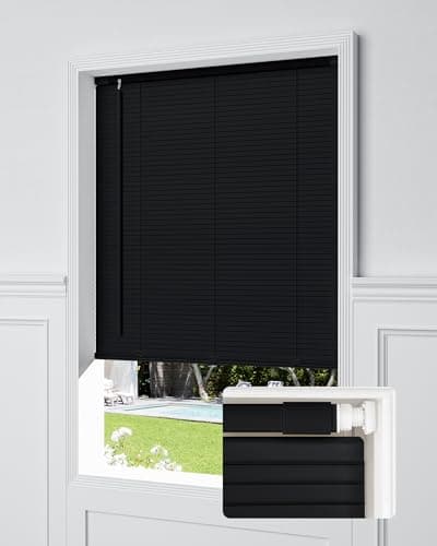 UNISHADES No Drill Blinds for Windows 1" Vinyl L-Shaped Slats Cordless Mini Blinds for Home, 28" W × 64" H Black - Image 1