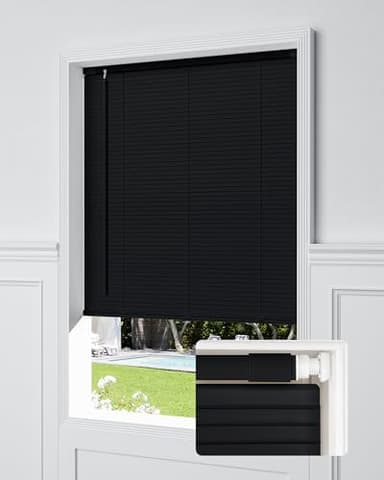UNISHADES No Drill Blinds for Windows 1" Vinyl L-Shaped Slats Cordless Mini Blinds for Home, 28" W × 64" H Black - Image 1