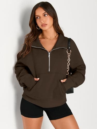 AUTOMET Womens Sweatshirts Half Zip Cropped Pullover Fleece Quarter Zipper Sweater Hoodies 2025 Fall Fashion Outfits Clothes Coffee X-Large - Image 2
