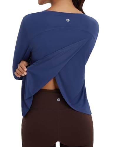 baleaf Women's Long Sleeve Workout Tops Athletic Shirts Split Back Running Gym Quick Dry Sun Protection UPF 50+ Navy Blue M - Image 6