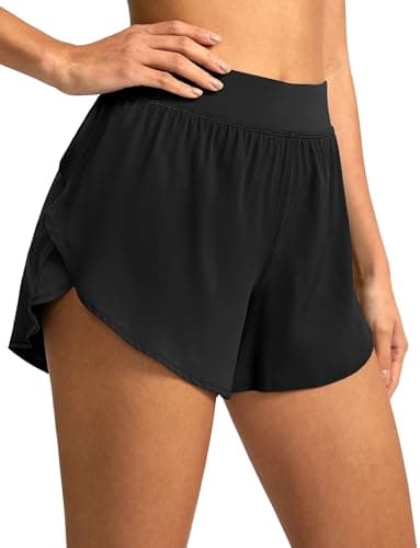 Soothfeel High Waisted Athletic Running Shorts for Women Dolphin Shorts High Split Quick Dry Gym Workout Shorts with Liner (Black, L) - Image 1