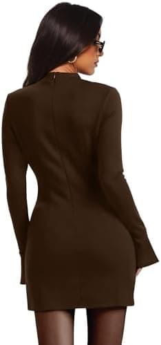 OFEEFAN Women's Fall Long Sleeve Mock Neck Dress Basic Party Club Bodycon Mini Dresses - Image 6