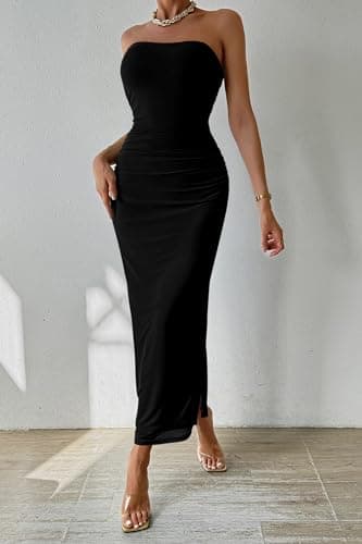 PRETTYGARDEN Women's Summer Maxi Bodycon Dresses Strapless Tube Top Printed Long Party Club Slit Dress (Solid Black,Small) - Image 5