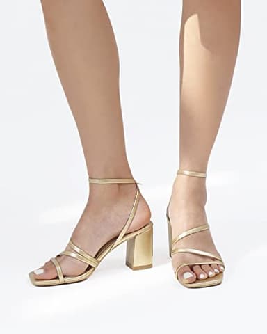 LACUONE Strappy Heels for women Block Heels Square Toe Chunky Ankle Buckle Pump Heeled Sandals (10,Gold) - Image 6