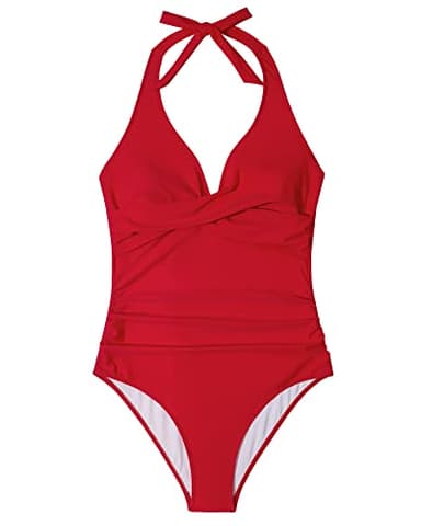 SUUKSESS Women Sexy Tummy Control One Piece Swimsuits Halter Push Up Monokini Bathing Suits (Red, XL) - Image 4