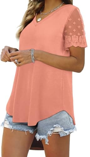 OFEEFAN Womens Summer Clothes V Neck T Shirts Loose Fit Holiday Shirts Casual Tops Coral XL - Image 2