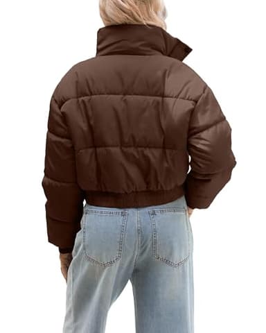 URMOSS Women's Cropped Puffer Jacket Long Sleeve Puffy Coat Winter Lightweight Stand Collar Button Down Zip Up Quilted Padded Outwear with Pockets Brown XL - Image 3