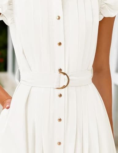 ZESICA Women's 2025 Summer Boho Button Midi Dresses Casual V Neck Flutter Sleeve Belted Long Dresses with Pockets,White,Large - Image 8